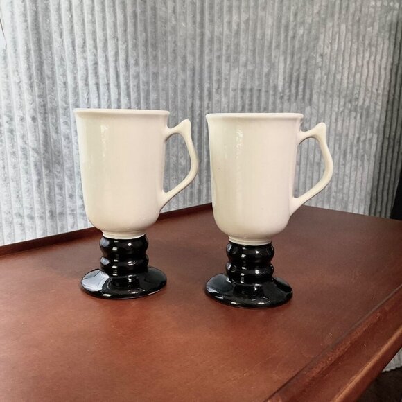 VTG‎ Hall Irish Coffee Mugs 1273 White Black Pedestal 6” Made in USA (Set of 2) - Picture 6 of 7